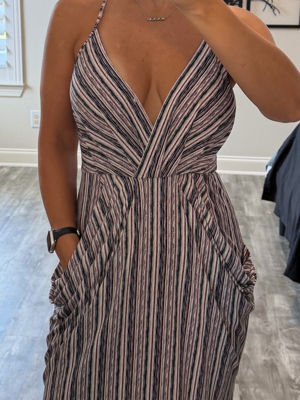 Striped Sleeveless V-Neck Summer Dress - Pink/Black